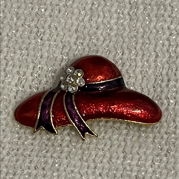 Jewelry - Red Enamel Hat Brooch with Purple Ribbon and Rhinestone Accent